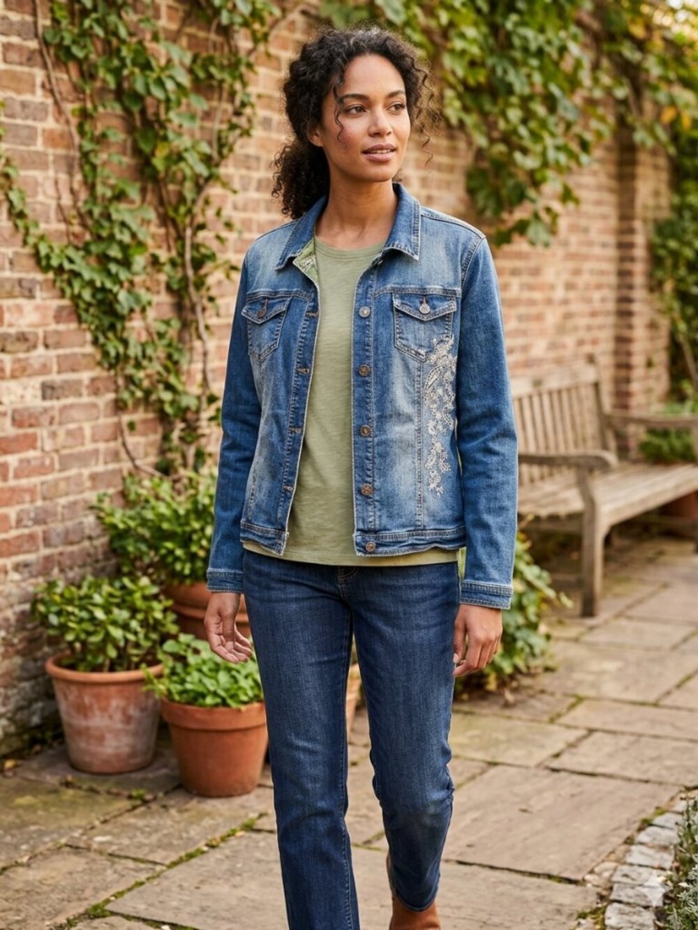 Montana Co Floral Embroidered Blue Denim Jacket Large